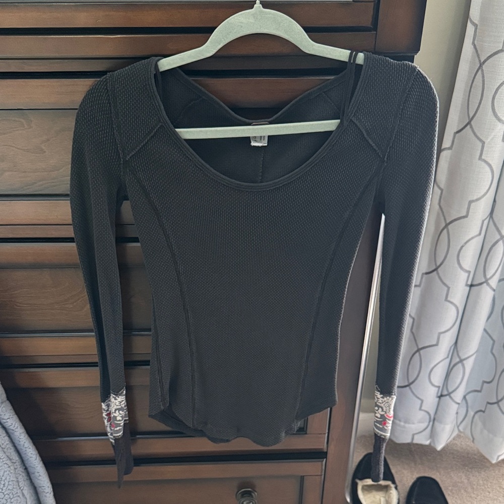 We The Free Black Long-Sleeve Thermal Top with Printed Cuff Detail